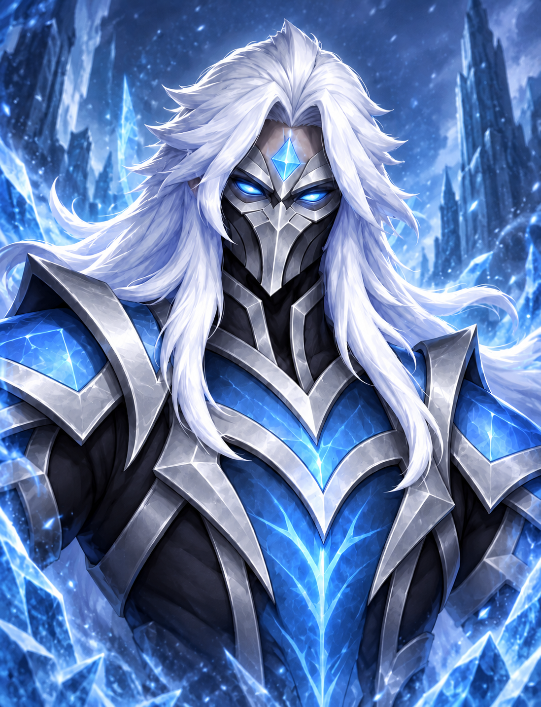 Yoriel, a white-haired frost caster in luminous blue armor